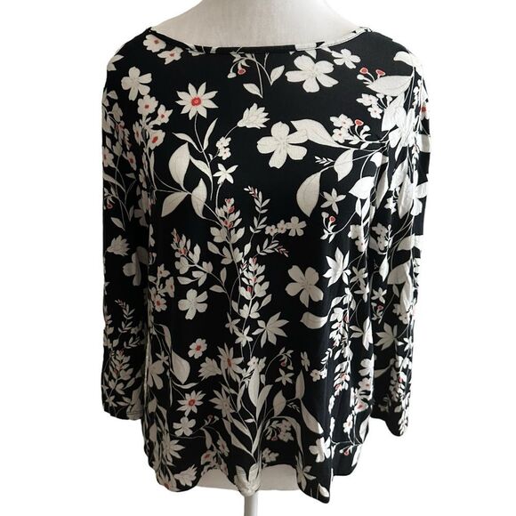 J Jill Wearever Knit Top Blouse Floral Black White Stretch Medium Petite‎ - Picture 1 of 9